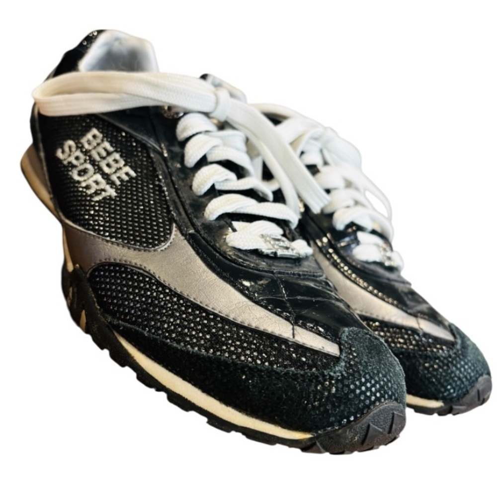 VINTAGE Y2K BEBE Sport Women’s Black and Silver Tennis Sneakers Size 8 - Picture 4 of 9